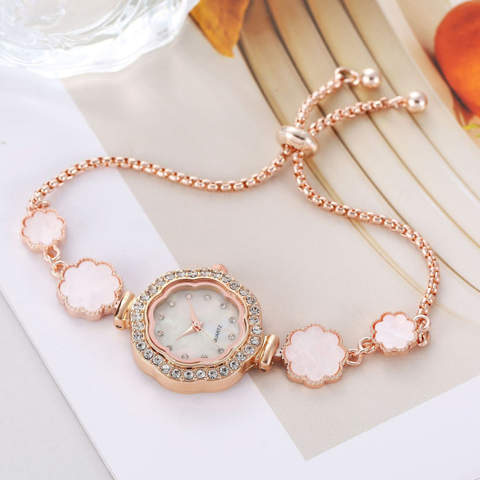 Fashionable new style drawstring freely adjustable women's bracelet watch flower shaped shell thin bracelet with diamond inlaid women's watch