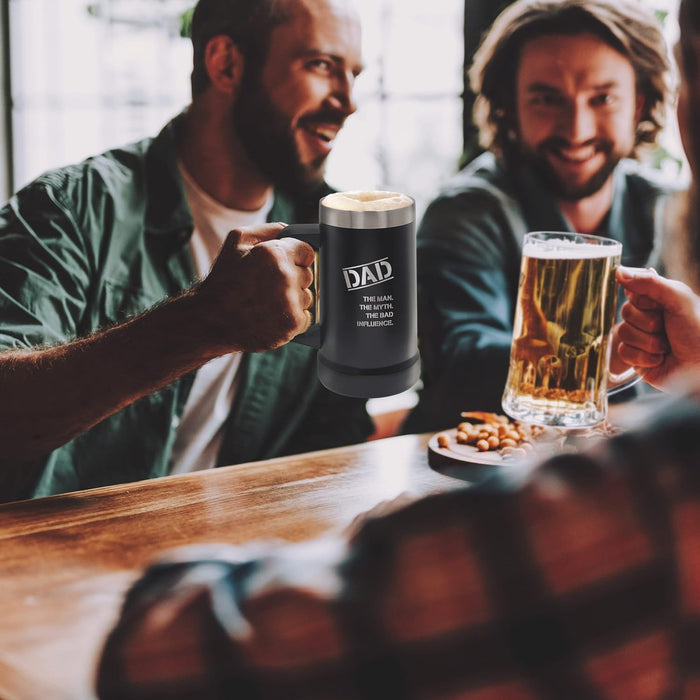 SoHo Funny Beer Mug Gifts for Dad - Stainless Steel Insulated XL 24oz Tumbler Cup with Handle “Dad, Man, Myth, Bad Influence” (Fathers Day/Birthday/Christmas) Gift Boxed