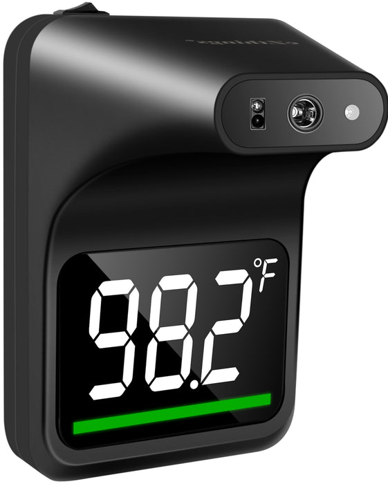Black digital thermometer with temperature display on a white background