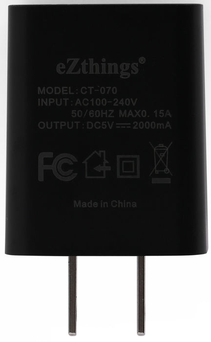 Black eZthings power adapter with model details on a white background