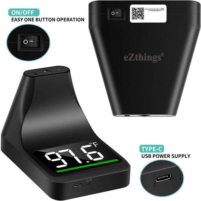 Black electronic device with digital display and power supply features, branded 'eZthings'.