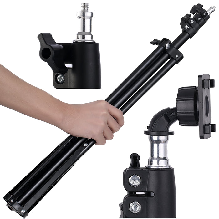 Black ezthings tripod with adjustable head held by a hand on a white background