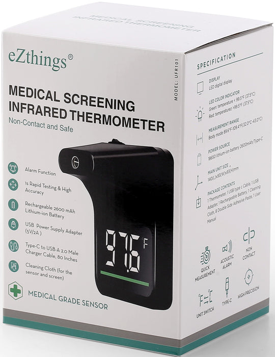 Box of eZthings medical screening infrared thermometer with digital display on a white background