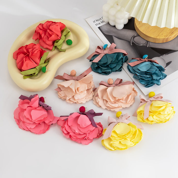 Handmade fabric design large flower earrings
