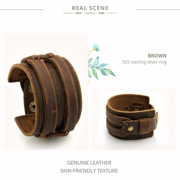 BAMOER Leather Cuff Double Wide Bracelet Rope Bangles Brown Unisex Jewelry PI0296 - eZthings USA WE SORT ALL THE CRAZIEST GADGETS, GIZMOS, TOYS & TECHNOLOGY, SO YOU DON'T HAVE TO.