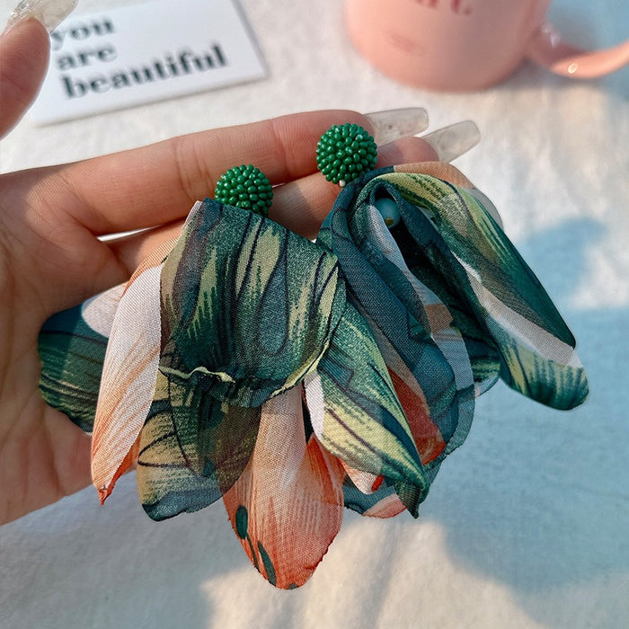 Bohemian style handmade fabric tassel earrings, original designer's long exaggerated earrings