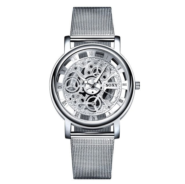 Reloj SOXY de lujo con esqueleto para hombre, relojes de pulsera para mujer, reloj de pulsera dorado a la moda para hombre, reloj de malla de acero para hombre 