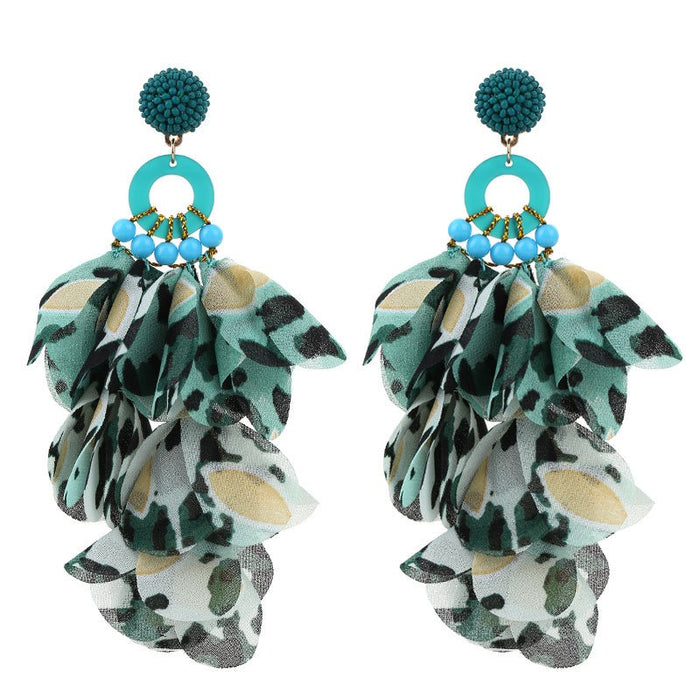 Handmade fabric floral leopard print tassel earrings