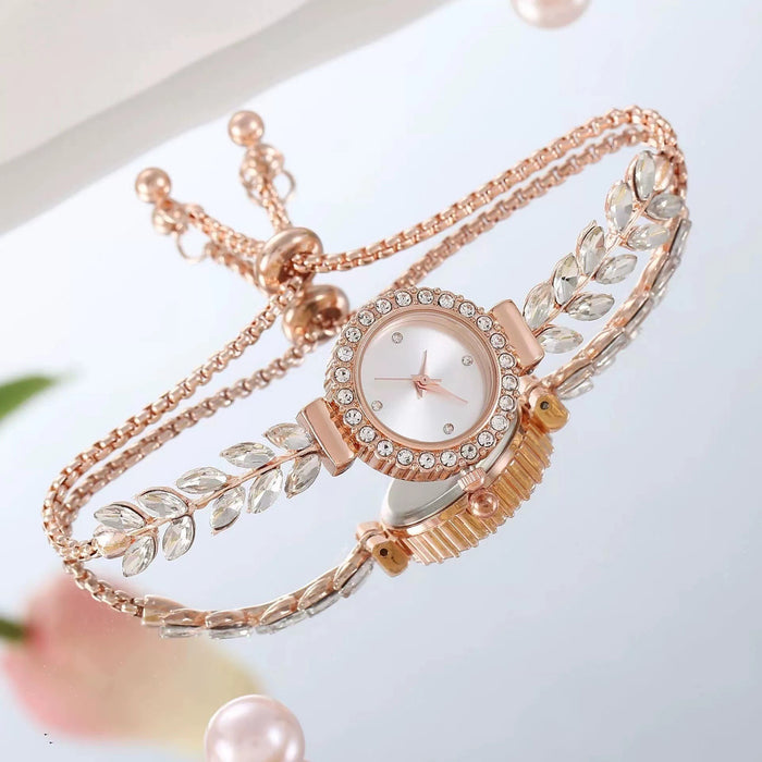 New Fashion Leaf Pulling Rope Women's Bracelet Watch with Diamonds, Small and Comfortable Temperament, Free Adjustment Women's Quartz Watch
