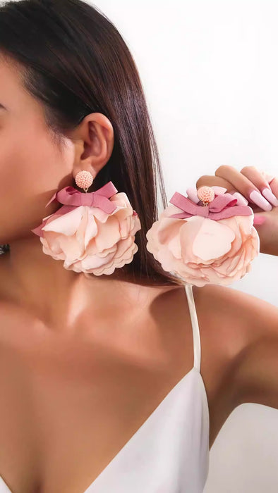 Handmade fabric design large flower earrings