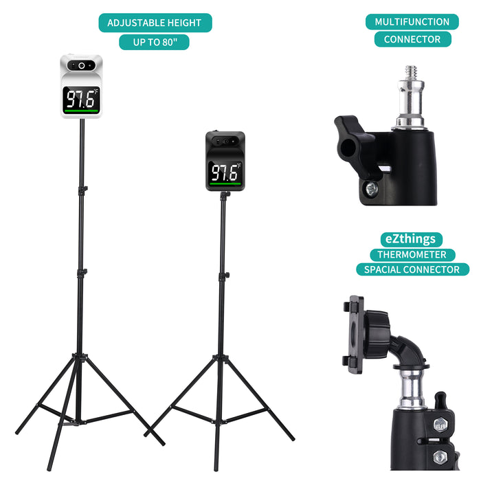 Electronic stand with digital thermometer, adjustable height feature, and multifunctional connector on a white background.