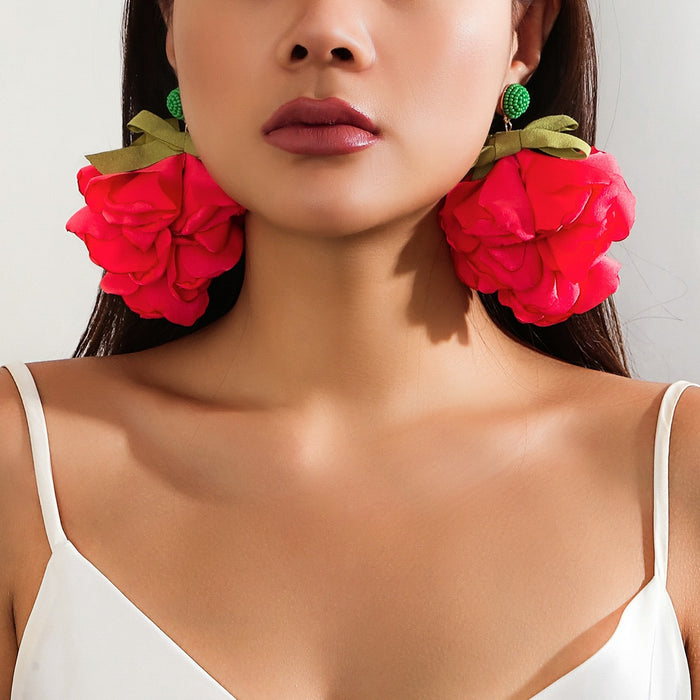 Handmade fabric design large flower earrings