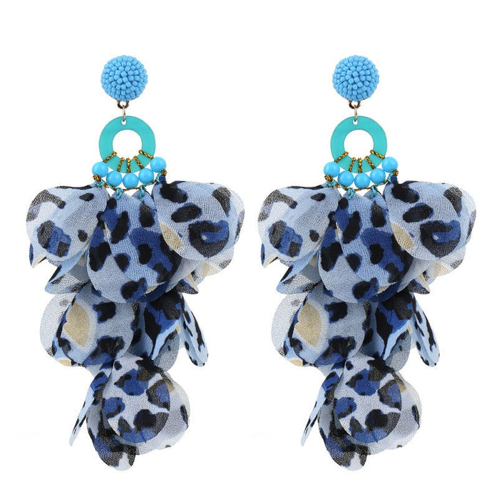 Handmade fabric floral leopard print tassel earrings