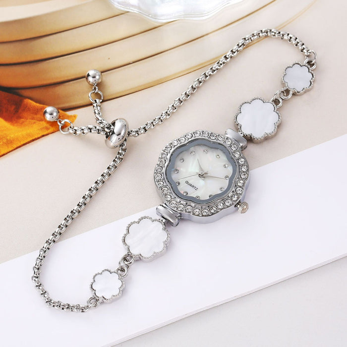 Fashionable new style drawstring freely adjustable women's bracelet watch flower shaped shell thin bracelet with diamond inlaid women's watch