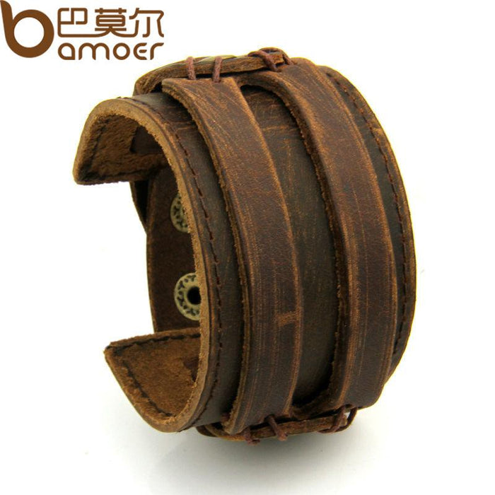 BAMOER Leather Cuff Double Wide Bracelet Rope Bangles Brown Unisex Jewelry PI0296 - eZthings USA WE SORT ALL THE CRAZIEST GADGETS, GIZMOS, TOYS & TECHNOLOGY, SO YOU DON'T HAVE TO.
