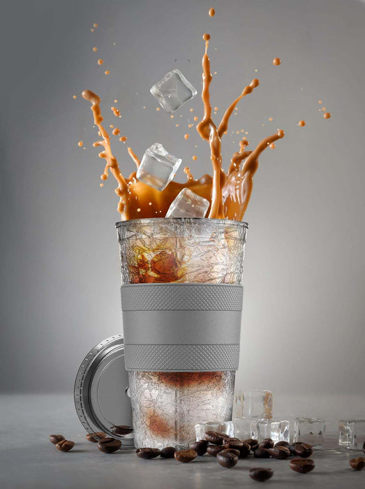 Freezable Iced Coffee Cup with Lid and Straw - Reusable Insulated Ice Tumbler with Grip Sleeve