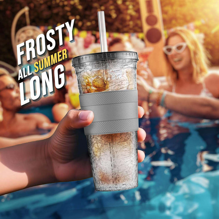 Freezable Iced Coffee Cup with Lid and Straw - Reusable Insulated Ice Tumbler with Grip Sleeve