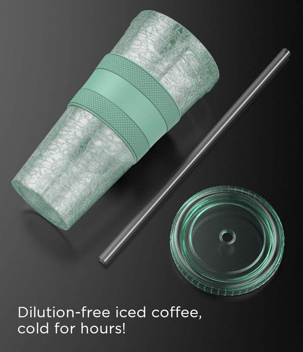 Freezable Iced Coffee Cup with Lid and Straw - Reusable Insulated Ice Tumbler with Grip Sleeve