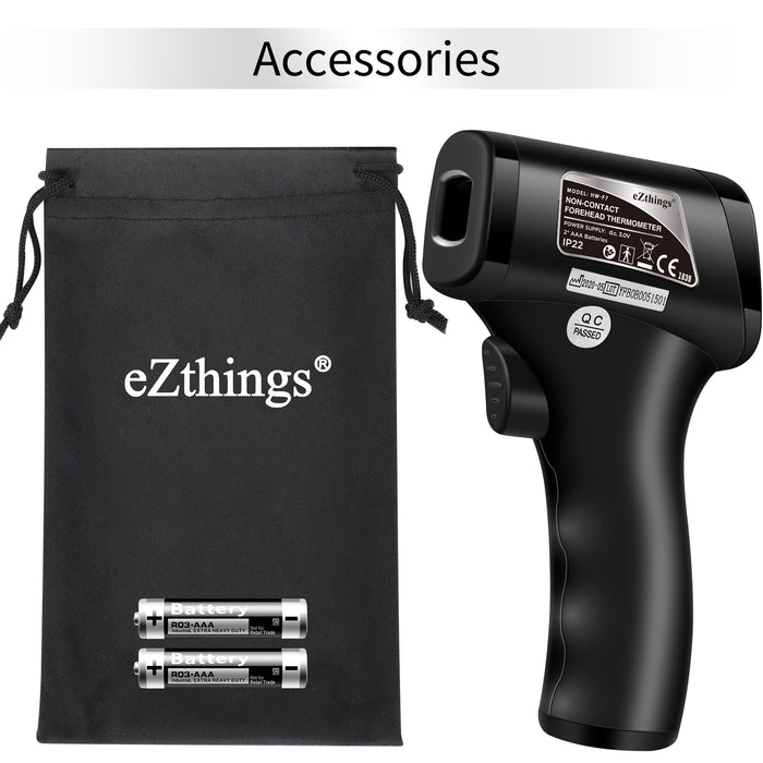 Infrared thermometer with batteries and carrying pouch on a white background, branded as eZthings.