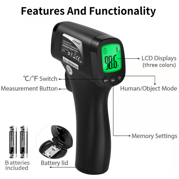 Infrared thermometer with features labeled on a white background