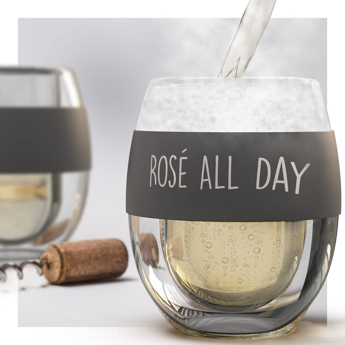 Freezer Chilled Stemless Wine Glass, Double Walled Insulated Frozen Chiller Cup (8.5oz) Fun Wine Lover Gift for Women/Her Rose All Day (Gift Boxed)