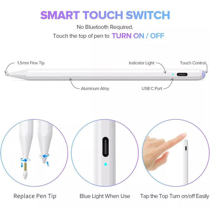 Link Stylus Pen For Apple iPad 9th & 10th Generation 2x Fast Charge 2018-2024 iPad Pro11&12.9 iPad Air 3/4/5 iPad 6-10 iPad Mini 5/6 Gen - White