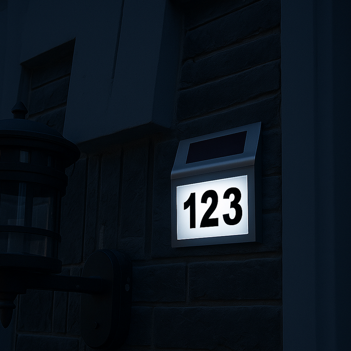 Solar LED Address Sign – Stainless Steel House Number Light with White LEDs, Waterproof, Customizable Numbers & Letters, Auto On/Off, 7.86 x 7.07 Inches - eZthings USA WE SORT ALL THE CRAZIEST GADGETS, GIZMOS, TOYS & TECHNOLOGY, SO YOU DON'T HAVE TO.