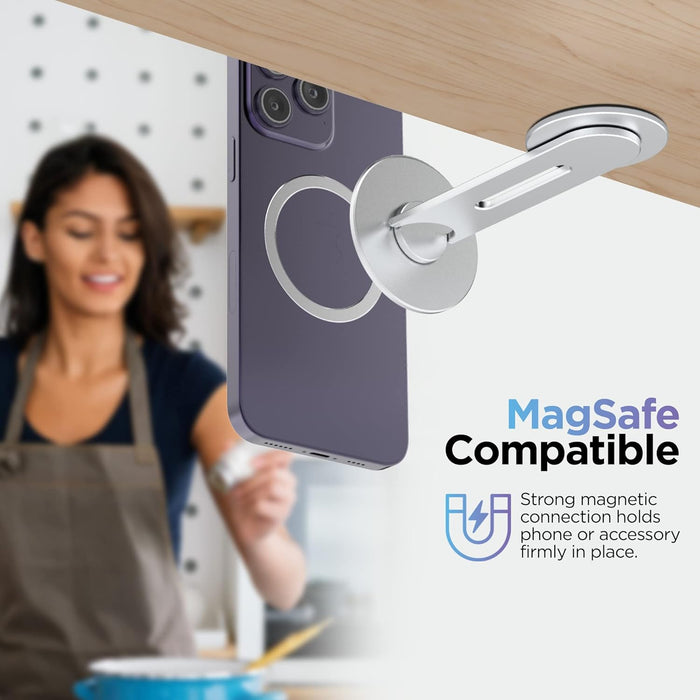 Magnetic Phone Holder, Fold-Away Swivel Stand Compatible with MagSafe for iPhone 12, 13, 14, 15 Pro Max | Bedroom Nightstand, Desk, Kitchen and More (Low Profile Sidemount/Under-Mount)