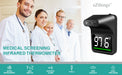 Medical screening infrared thermometer with doctors in the background