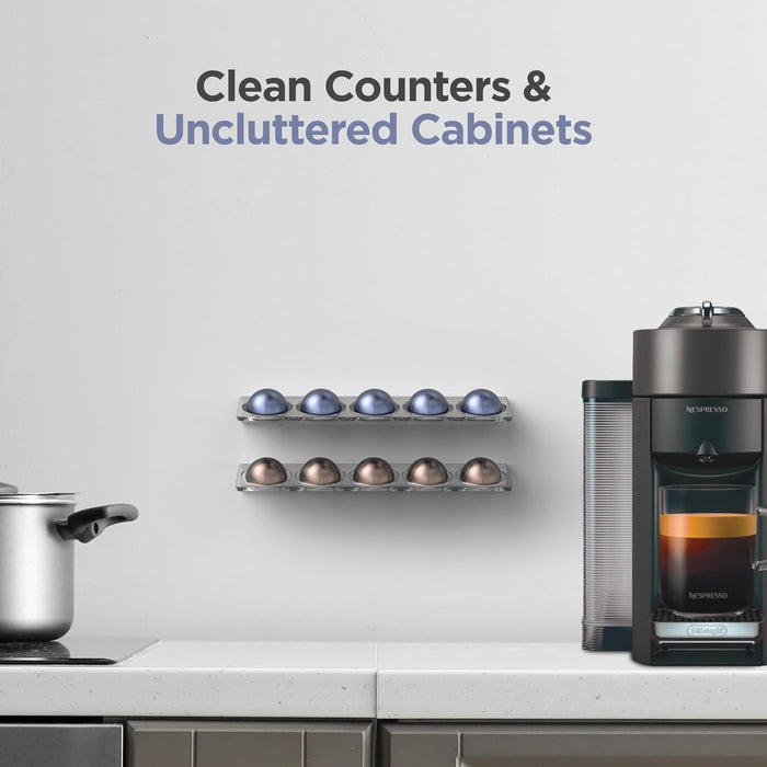 Small Vertuo Capsule Organizer Shelf, Compatible with Nespresso Pods Holder Wall Mount for 10 Coffee Cups, Easy Flavor Access (Adhesive Backing) Clear Acrylic