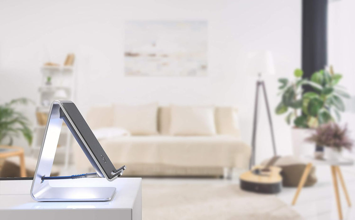 PowerStand Wireless Charging Stand with Dimmable LED Backlights - Desktop Charger for iPhone, Android and Galaxy Phone Models (Aluminum Silver)