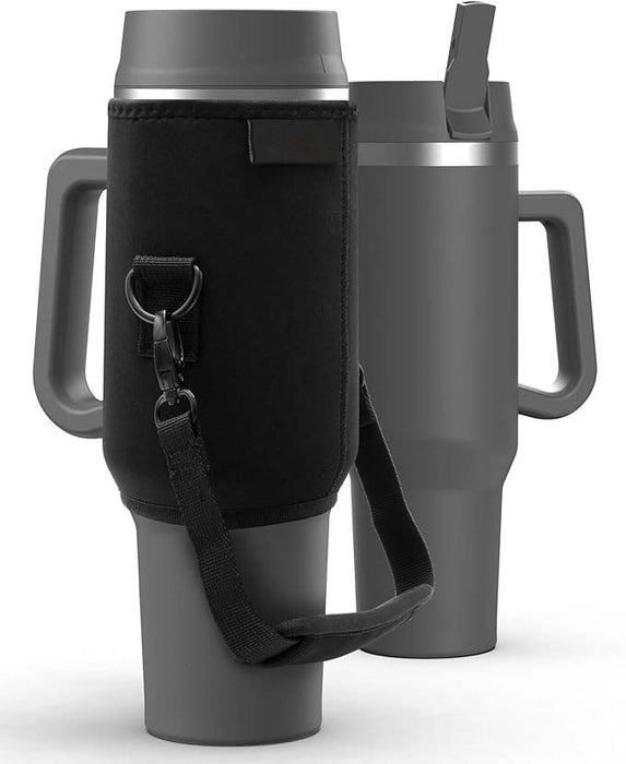 40 oz Tumbler Cup with Handle and Carrier Bag, 24-Hour Insulated Water Bottle with Straw Lid, Neoprene Carrying Sleeve and Hand Strap