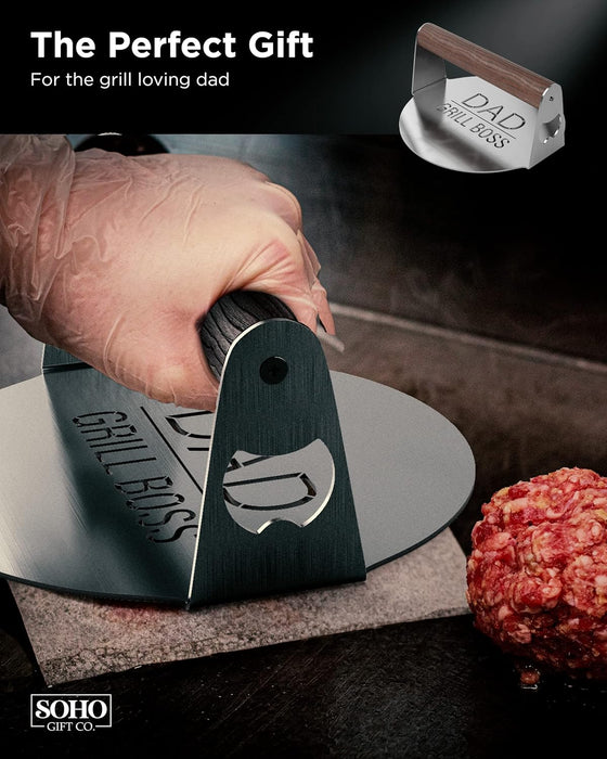 BBQ Press Grilling Gift for DAD The Grill Boss - Stainless Steel Smash Burger Press for Hamburger/Bacon with Wood Handle & Beer Opener (for Christmas, Birthday, Fathers Day)