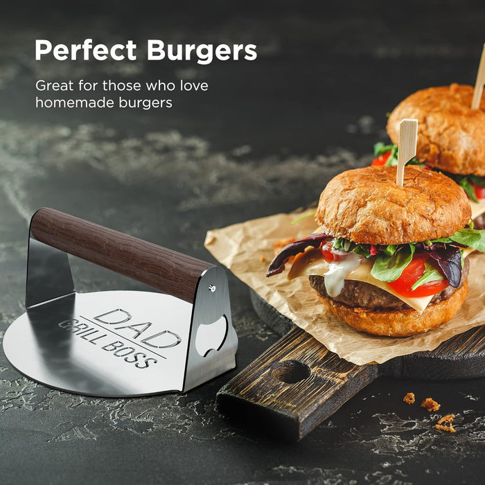 BBQ Press Grilling Gift for DAD The Grill Boss - Stainless Steel Smash Burger Press for Hamburger/Bacon with Wood Handle & Beer Opener (for Christmas, Birthday, Fathers Day)
