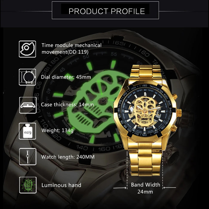 Mechanical Watch Men Skull Golden Stainless Steel Strap Skeleton Man Watch - eZthings USA WE SORT ALL THE CRAZIEST GADGETS, GIZMOS, TOYS & TECHNOLOGY, SO YOU DON'T HAVE TO.