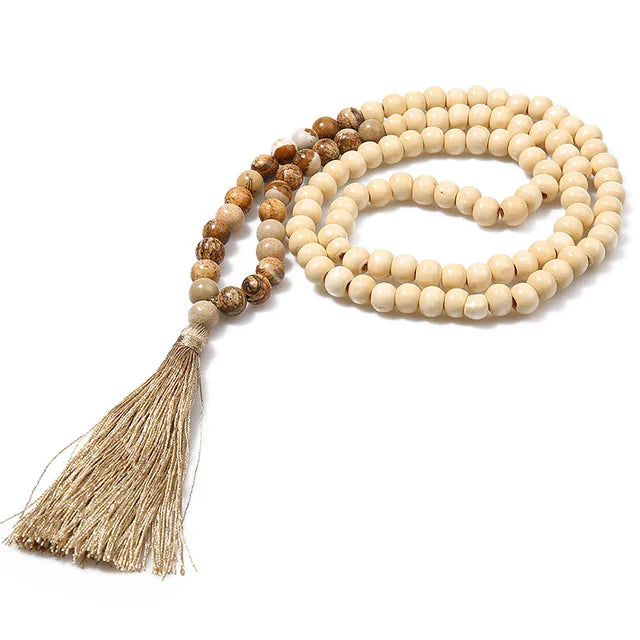 Boho Tribal Handmade Natural Stone Wood Necklace Female Long Black Wooden Beaded Fringe Tassel Necklaces for Women