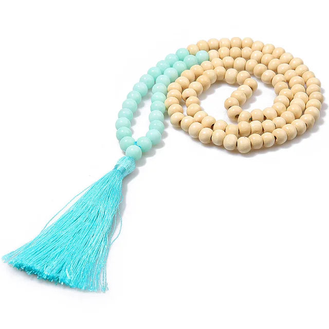 Boho Tribal Handmade Natural Stone Wood Necklace Female Long Black Wooden Beaded Fringe Tassel Necklaces for Women