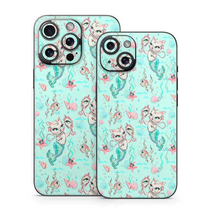 Merkittens with Pearls Aqua - Apple iPhone 15 Skin - eZthings USA WE SORT ALL THE CRAZIEST GADGETS, GIZMOS, TOYS & TECHNOLOGY, SO YOU DON'T HAVE TO.