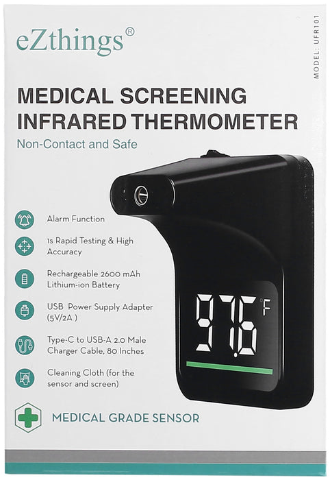 eZthings medical screening infrared thermometer packaging with features listed.