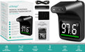 eZthings medical screening infrared thermometer with packaging and accessories on a teal background