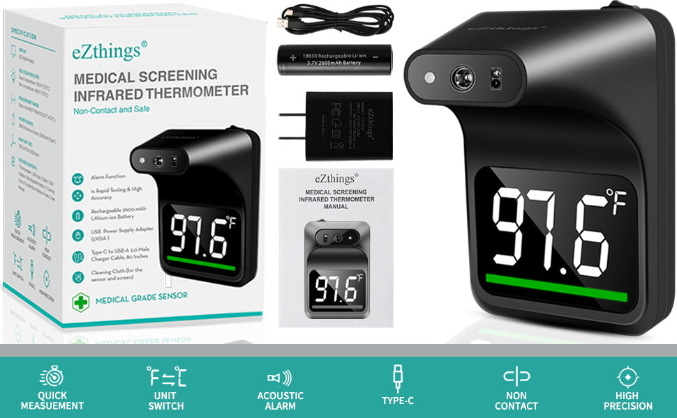 eZthings medical screening infrared thermometer with packaging and accessories on a teal background