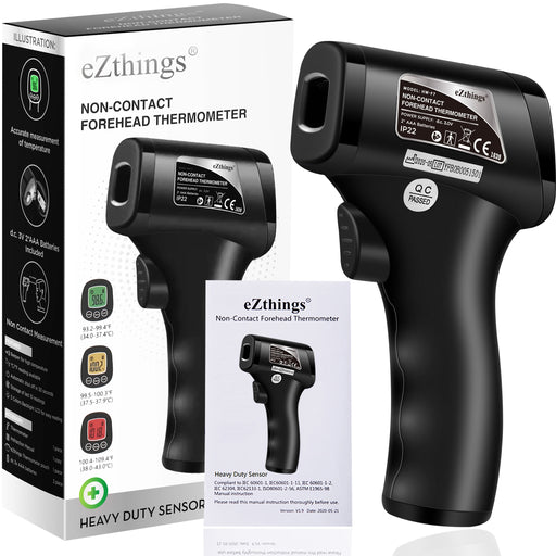 eZthings non-contact forehead thermometer with packaging on a white background
