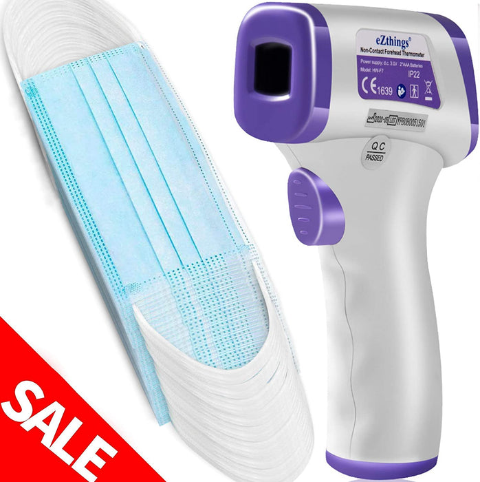 eZthings PRIME BUNDLE SALE - Heavy Duty Infrared Forehead Thermometer + 50 Masks - 30%+ Discount Applied - eThings USA Priority COVID 19 Supplies - Opening Up America Again